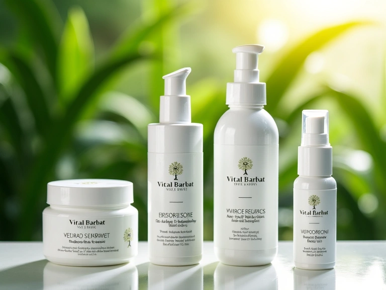 Produse Vitalbarbatvb aranjate estetic cu frunze verzi în fundal